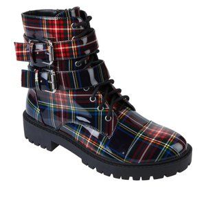 NIB Jessica Simpson Kerina-2 Blue Combo Academy Plaid Lace-Up Combat Boot 8